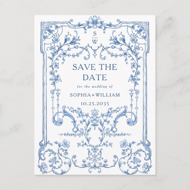 Victorian Ornate Grace Blue Wedding Save The Date Postcard (Front)
