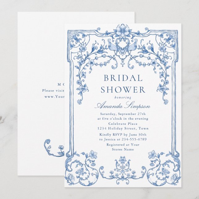 Victorian Ornate Grace Dusty Blue Bridal Shower Invitation (Front/Back)