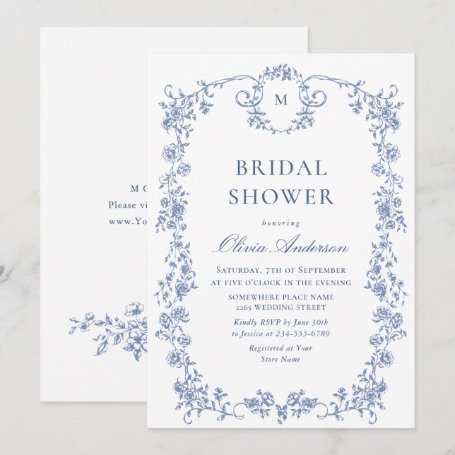 Victorian Ornate Grace Dusty Blue Bridal Shower Invitation (Front/Back)