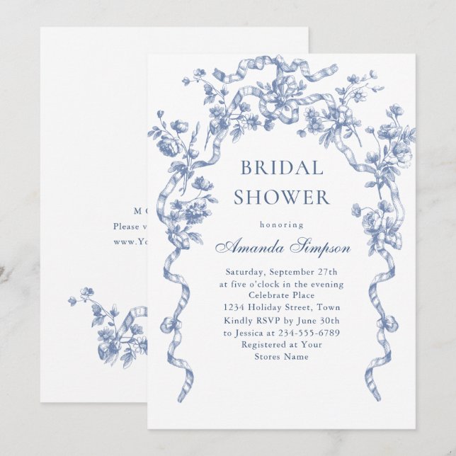 Victorian Ornate Grace Dusty Blue Bridal Shower Invitation (Front/Back)