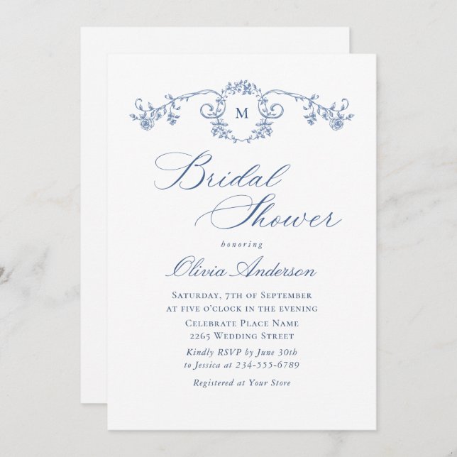 Victorian Ornate Grace Dusty Blue Bridal Shower Invitation (Front/Back)