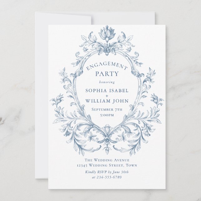 Victorian Ornate Grace Dusty Blue ENGAGEMENT PARTY Invitation (Front)