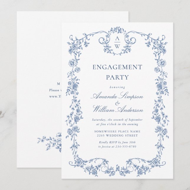 Victorian Ornate Grace Dusty Blue ENGAGEMENT PARTY Invitation (Front/Back)