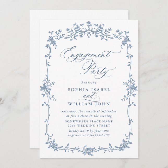 Victorian Ornate Grace Dusty Blue ENGAGEMENT PARTY Invitation (Front/Back)