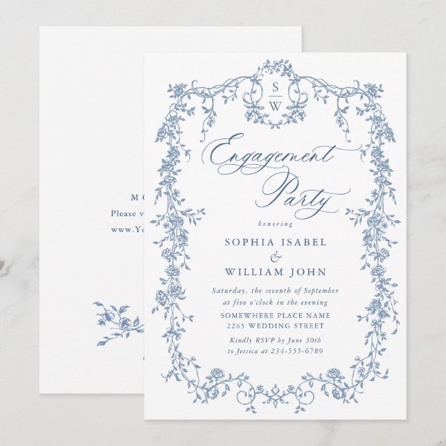 Victorian Ornate Grace Dusty Blue ENGAGEMENT PARTY Invitation (Front/Back)