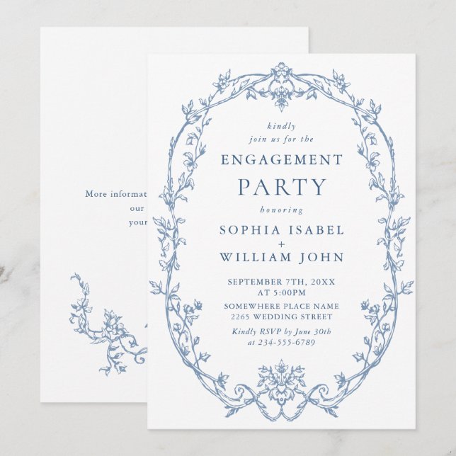 Victorian Ornate Grace Dusty Blue ENGAGEMENT PARTY Invitation (Front/Back)