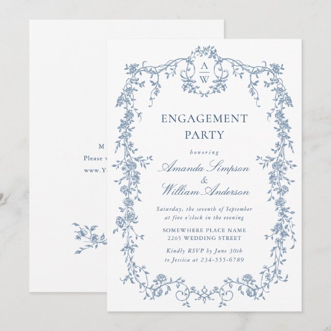 Victorian Ornate Grace Dusty Blue ENGAGEMENT PARTY Invitation (Front/Back)