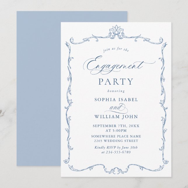 Victorian Ornate Grace Dusty Blue ENGAGEMENT PARTY Invitation (Front/Back)