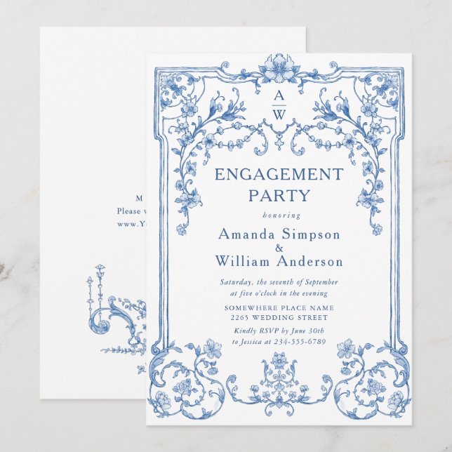 Victorian Ornate Grace Dusty Blue ENGAGEMENT PARTY Invitation (Front/Back)