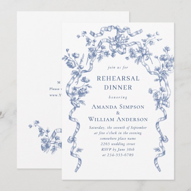 Victorian Ornate Grace Dusty Blue Rehearsal Dinner Invitation (Front/Back)
