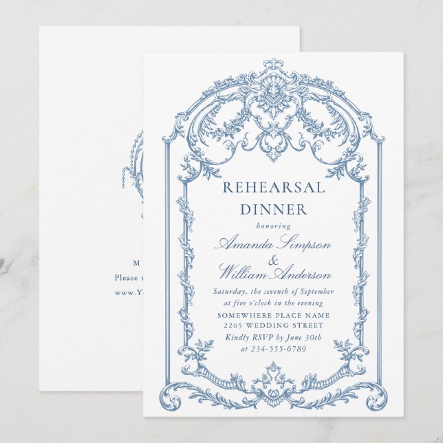 Victorian Ornate Grace Dusty Blue Rehearsal Dinner Invitation (Front/Back)