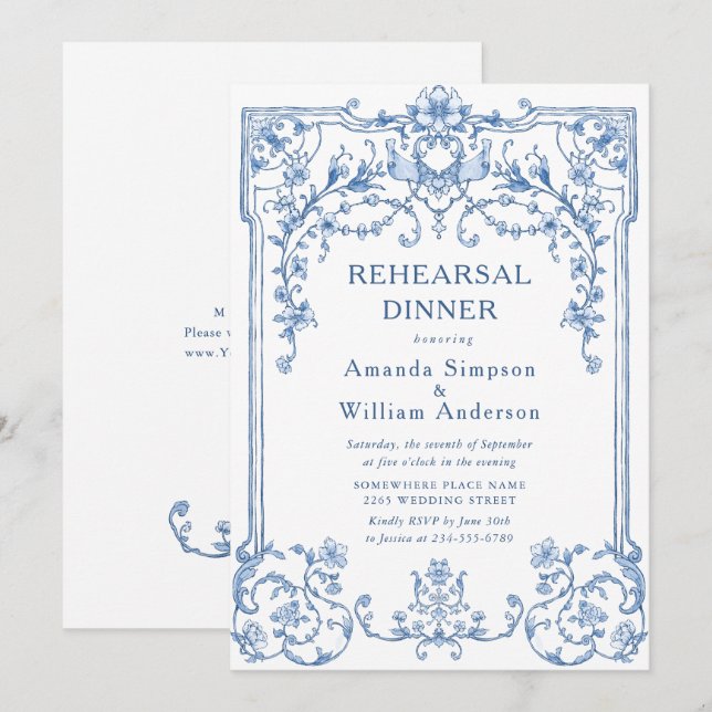Victorian Ornate Grace Dusty Blue Rehearsal Dinner Invitation (Front/Back)