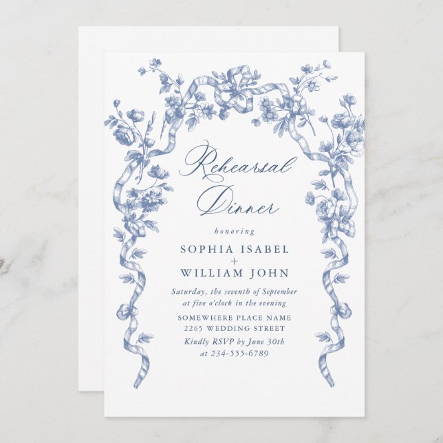 Victorian Ornate Grace Dusty Blue Rehearsal Dinner Invitation (Front/Back)