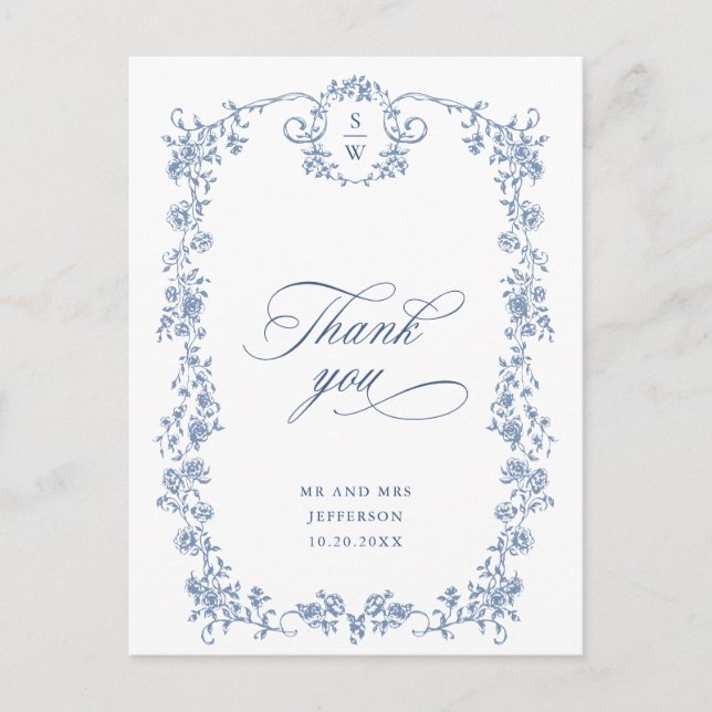 Victorian Ornate Grace Dusty Blue Thank You Postcard (Front)