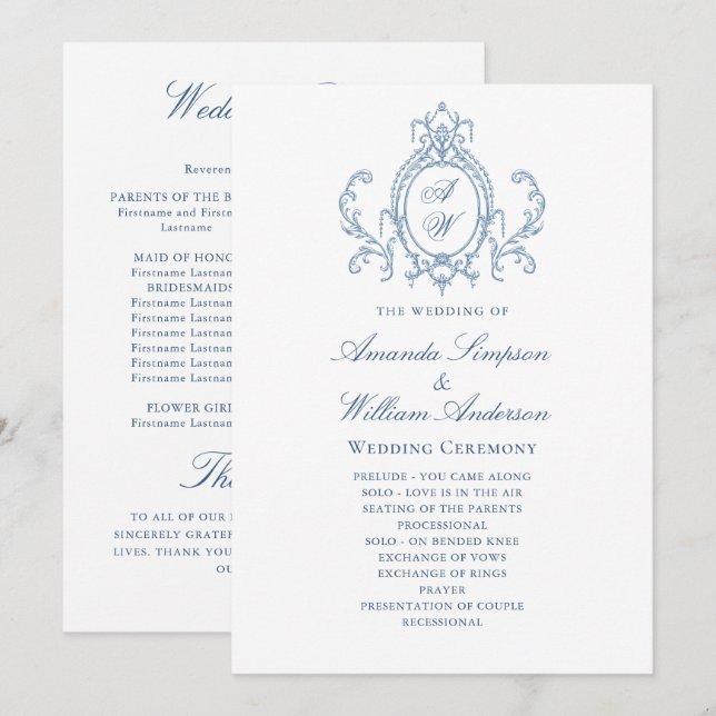 Victorian Ornate Grace Dusty Blue Wedding Ceremony Programme (Front/Back)