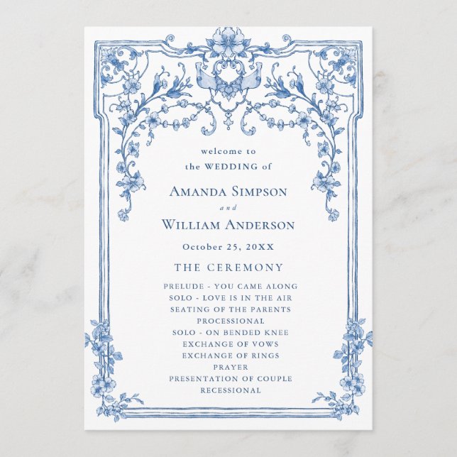 Victorian Ornate Grace Dusty Blue Wedding Ceremony Programme (Front)