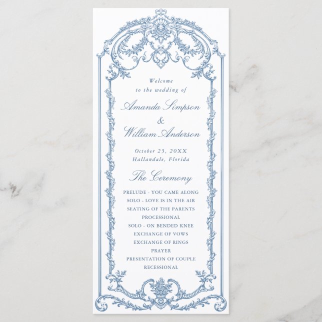 Victorian Ornate Grace Dusty Blue Wedding Ceremony Programme (Front)