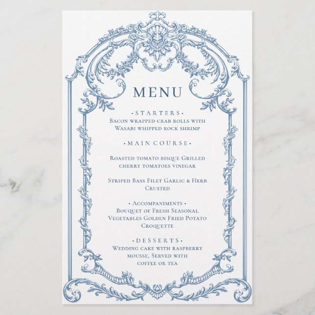 Victorian Ornate Grace Dusty Blue Wedding Menu (Front)