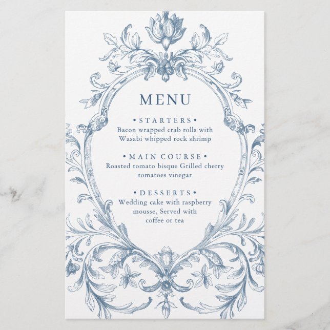 Victorian Ornate Grace Dusty Blue Wedding Menu (Front)