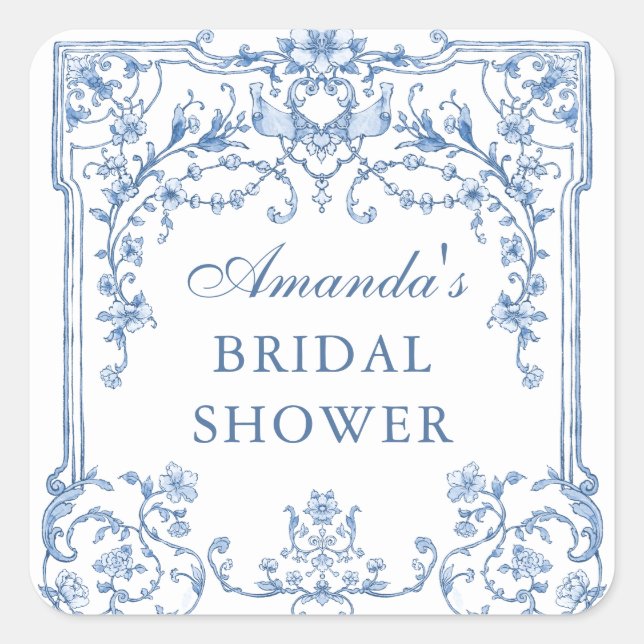 Victorian Ornate Grace Floral Blue Bridal Shower Square Sticker (Front)