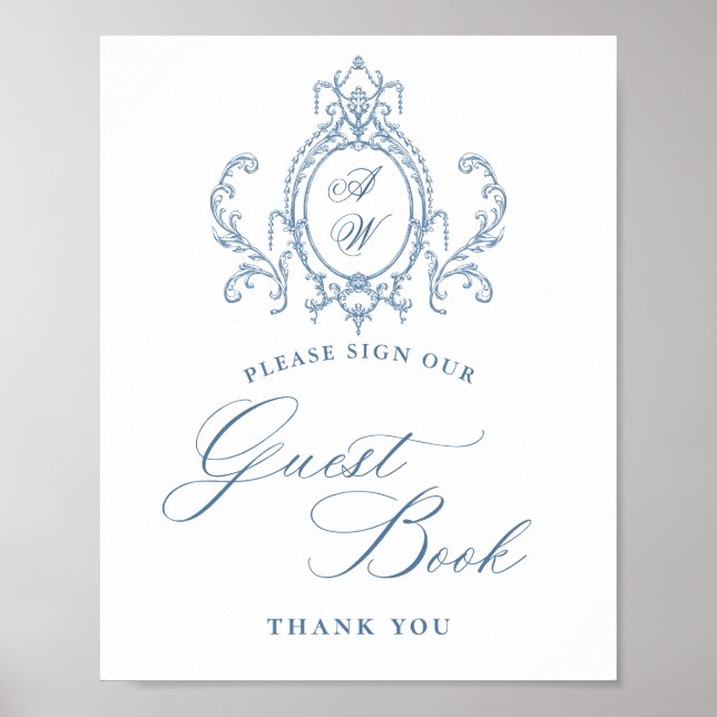 Victorian Ornate Grace Floral Blue Guestbook Sign (Front)