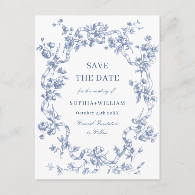 Victorian Ornate Grace Floral Blue Save the Date Postcard (Front)