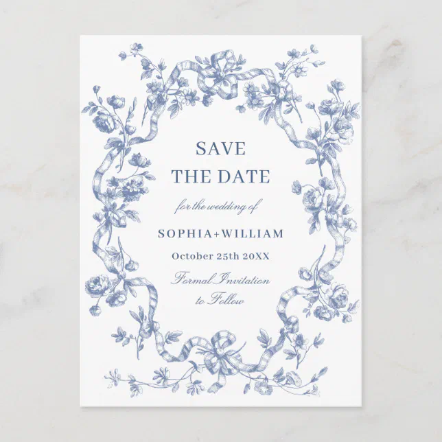 Victorian Ornate Grace Floral Blue Save the Date Postcard | Zazzle