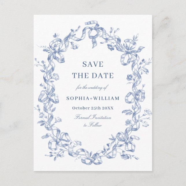 Victorian Ornate Grace Floral Blue Save the Date Postcard (Front)