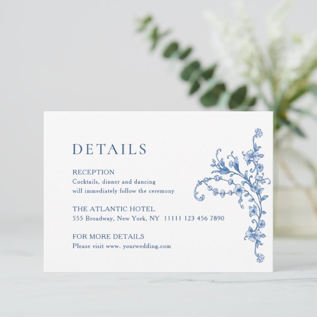 Victorian Ornate Grace Floral Blue Wedding Details Enclosure Card (Standing Front)