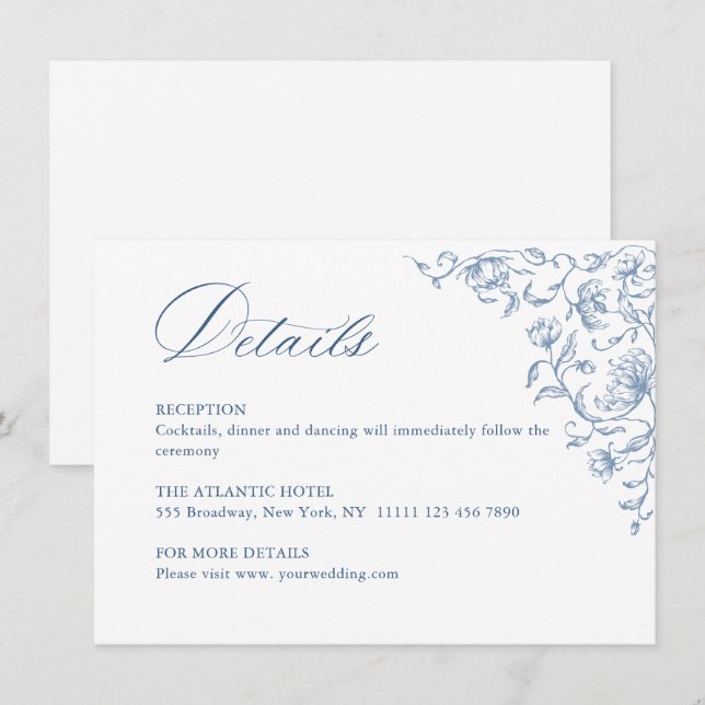 Victorian Ornate Grace Floral Blue Wedding Details Enclosure Card (Front/Back)