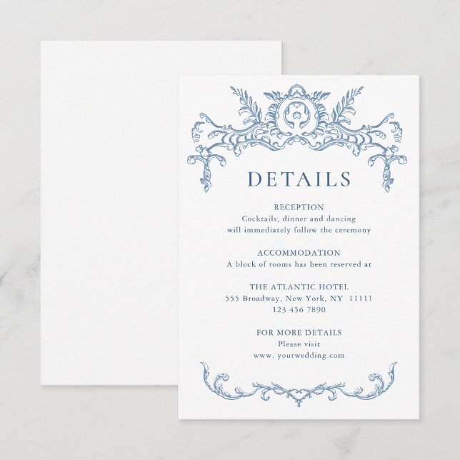 Victorian Ornate Grace Floral Blue Wedding Details Enclosure Card (Front/Back)