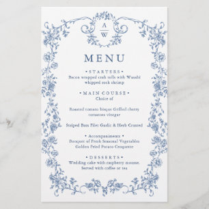 Victorian Ornate Grace Floral Blue Wedding Menu