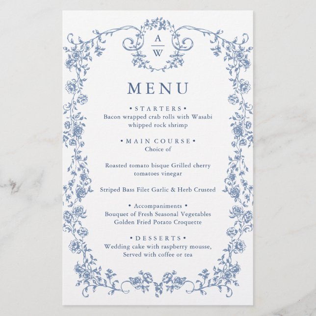 Victorian Ornate Grace Floral Blue Wedding Menu (Front)