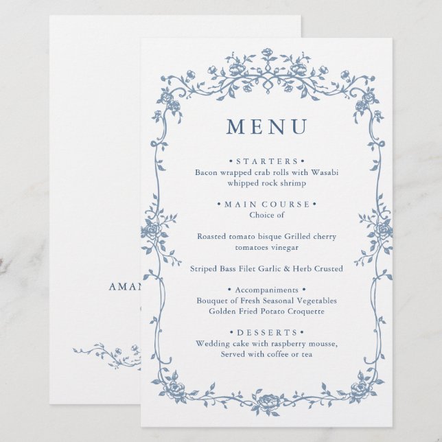 Victorian Ornate Grace Floral Blue Wedding Menu (Front/Back)
