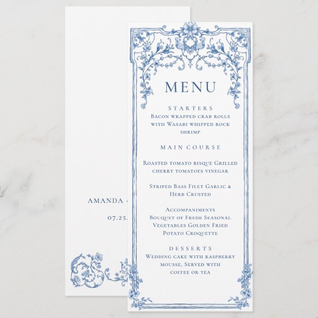 Victorian Ornate Grace Floral Blue Wedding Menu  Invitation (Front/Back)