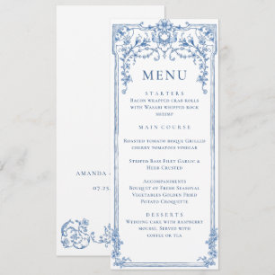 Victorian Ornate Grace Floral Blue Wedding Menu  Invitation