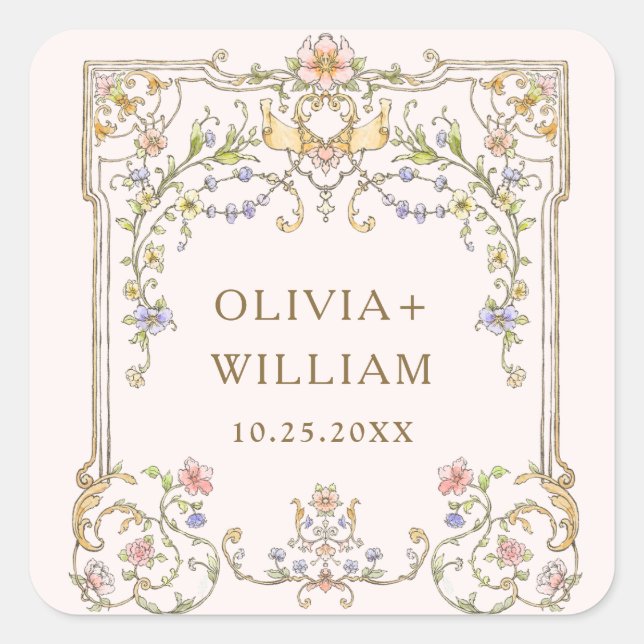 Victorian Ornate Grace Floral Bohemian Wedding Square Sticker (Front)