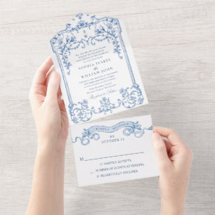 Victorian Ornate Grace Floral Dusty Blue Wedding All In One Invitation