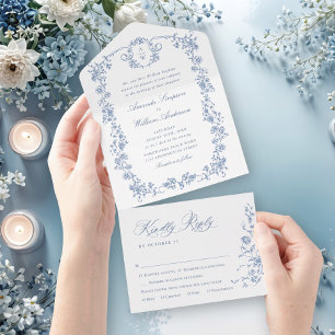 Victorian Ornate Grace Floral Dusty Blue Wedding All In One Invitation