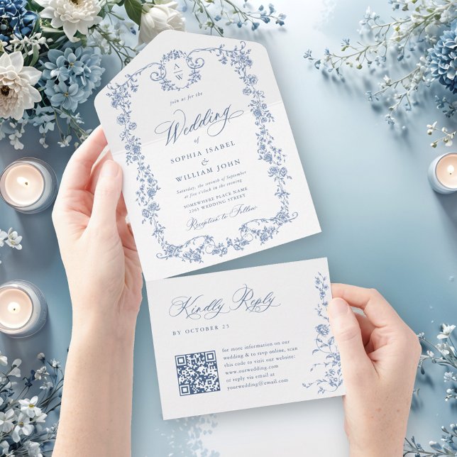 Victorian Ornate Grace Floral Dusty Blue Wedding All In One Invitation (Creator Uploaded)