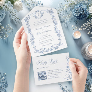 Victorian Ornate Grace Floral Dusty Blue Wedding All In One Invitation