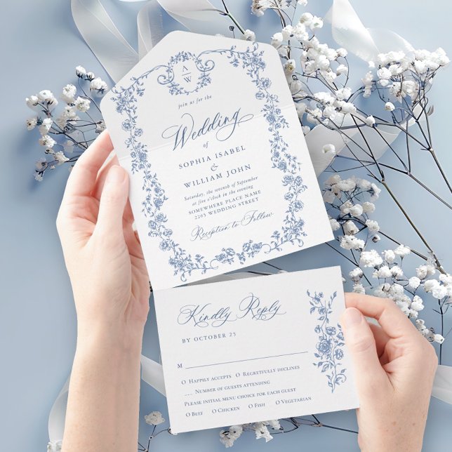 Victorian Ornate Grace Floral Dusty Blue Wedding All In One Invitation (Creator Uploaded)