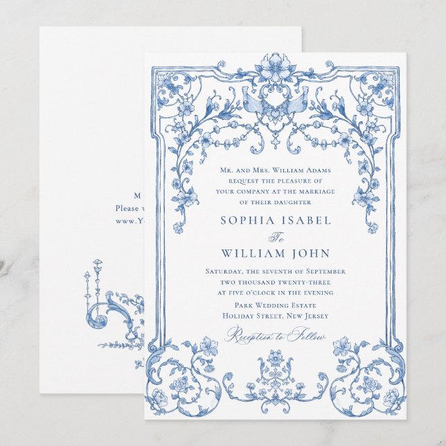 Victorian Ornate Grace Floral Dusty Blue Wedding Invitation (Front/Back)