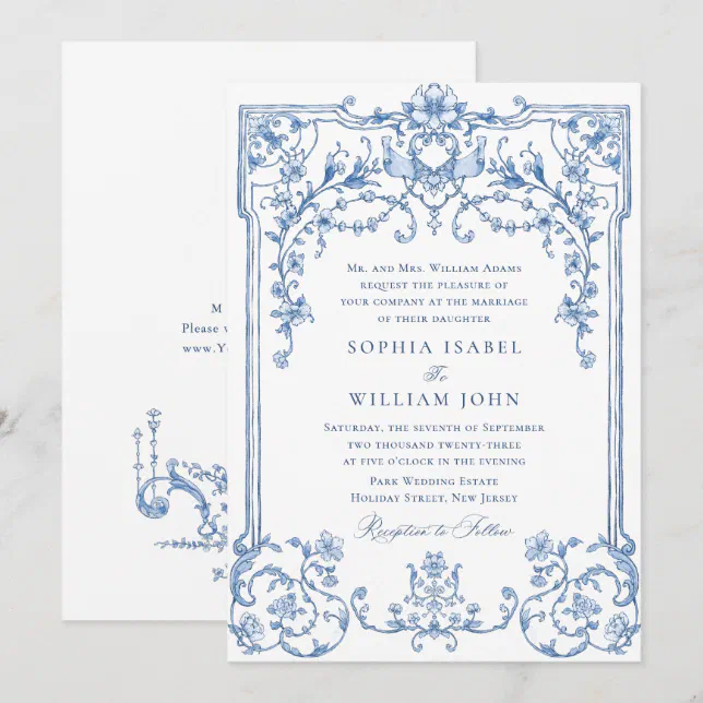 Victorian Ornate Grace Floral Dusty Blue Wedding Invitation | Zazzle
