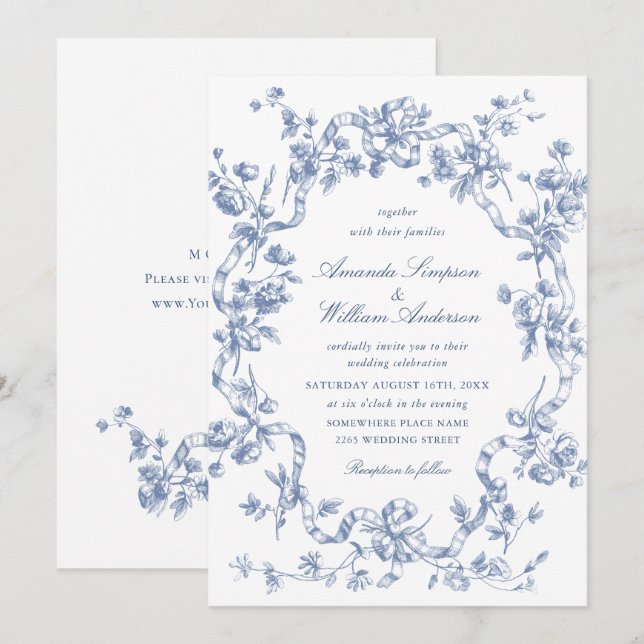 Victorian Ornate Grace Floral Dusty Blue Wedding Invitation (Front/Back)