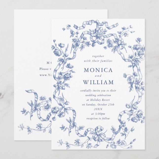 Victorian Ornate Grace Floral Dusty Blue Wedding Invitation (Front/Back)