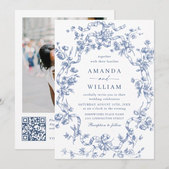 Victorian Ornate Grace Floral Dusty Blue Wedding Invitation (Front/Back)