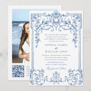 Victorian Ornate Grace Floral Dusty Blue Wedding Invitation