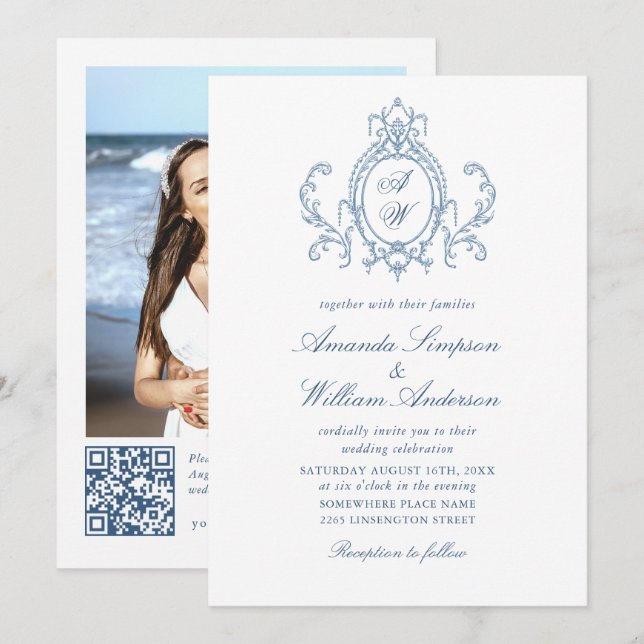 Victorian Ornate Grace Floral Dusty Blue Wedding Invitation (Front/Back)