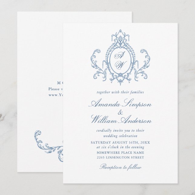 Victorian Ornate Grace Floral Dusty Blue Wedding Invitation (Front/Back)